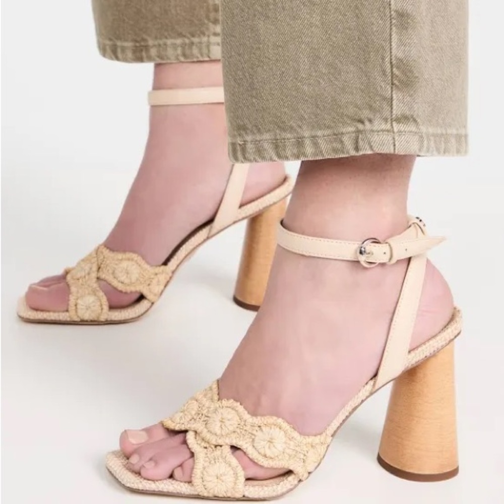 Sam Edelman Beige Raffia Floral Strap Block Heel Sandals